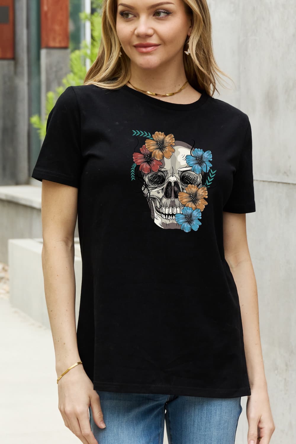 Simply Love Full Size Flower Skull Graphic Cotton Tee