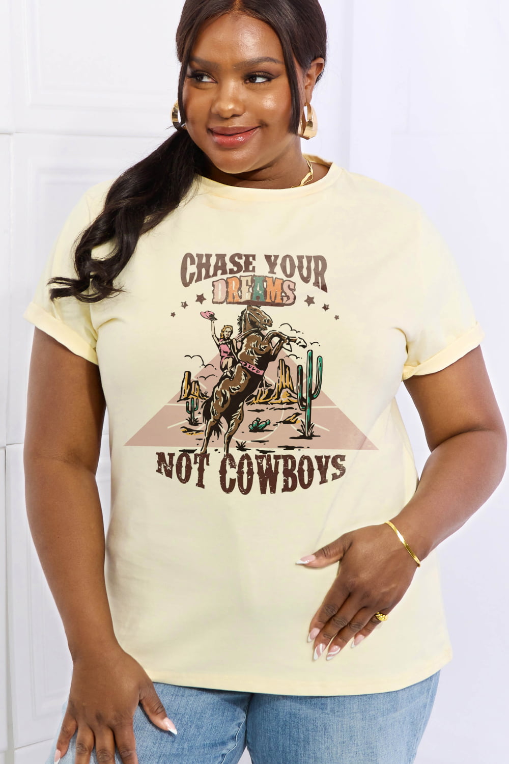 Simply Love Full Size CHASE YOUR DREAMS NOT COWBOYS Graphic Cotton Tee