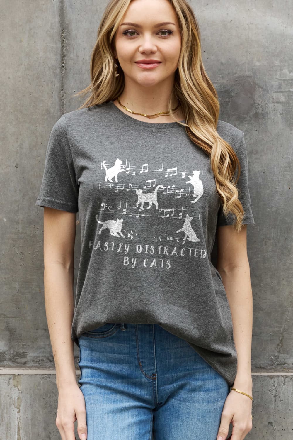 Simply Love Full Size EASILY DISTRACTED BY CATS Graphic Cotton Tee