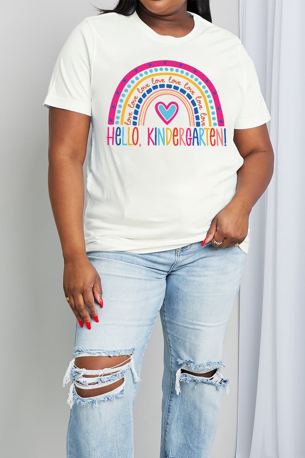 Simply Love Full Size LOVE HELLO KINDERGARTEN Rainbow Graphic Cotton Tee